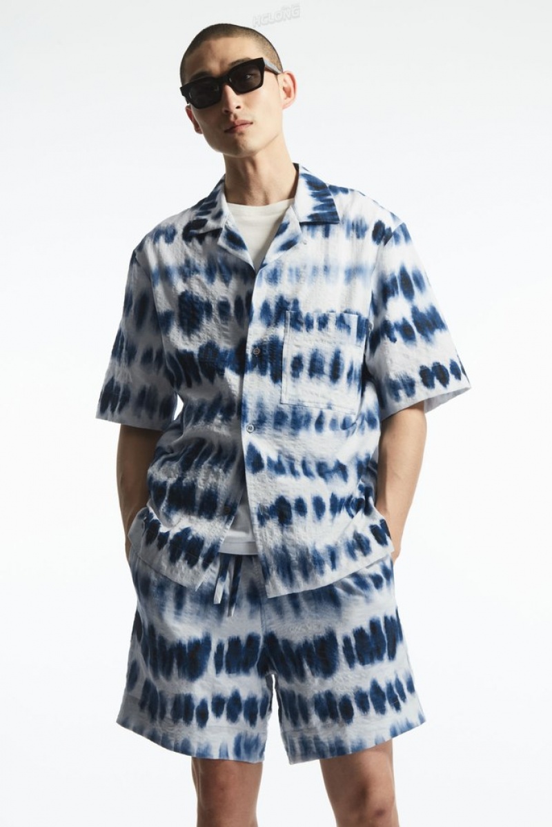 COS Camp-Collar Seersucker Shirt Men's Shirts White / Blue / Printed | OT62-A3ZP