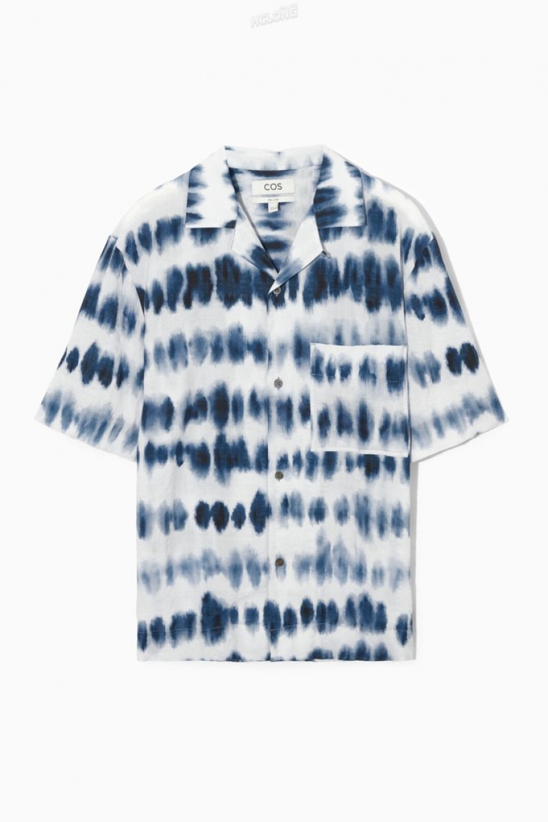 COS Camp-Collar Seersucker Shirt Men's Shirts White / Blue / Printed | OT62-A3ZP