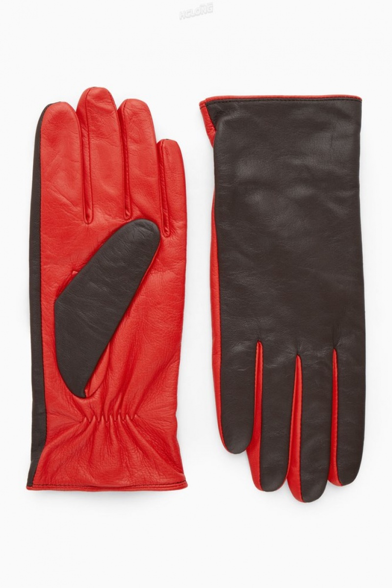 COS Cashmere-Lined Colour-Block Leather Gloves Women's Gloves Bright Red / Dark Brown | EK08-B6YQ