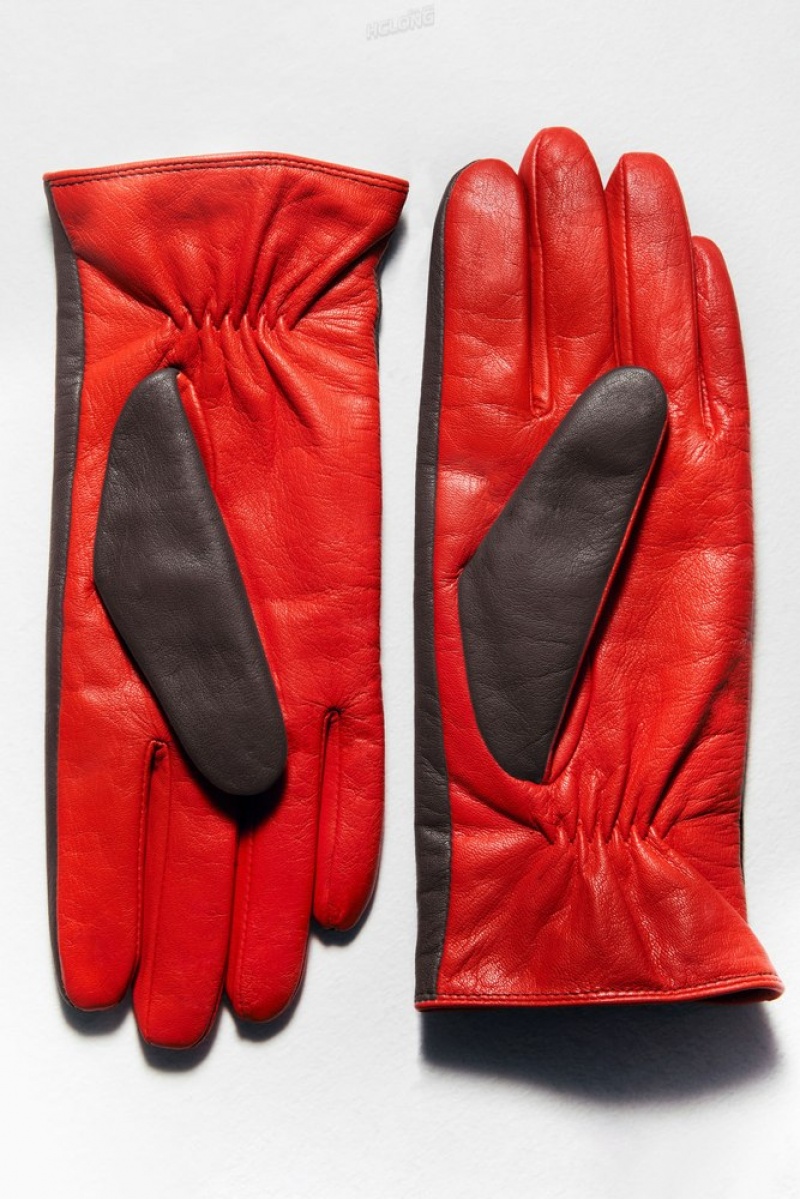 COS Cashmere-Lined Colour-Block Leather Gloves Women's Gloves Bright Red / Dark Brown | EK08-B6YQ