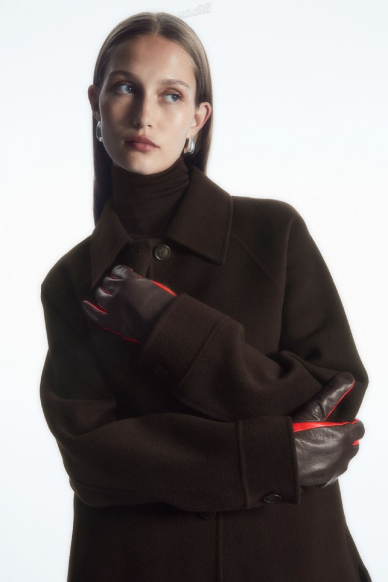 COS Cashmere-Lined Colour-Block Leather Gloves Women\'s Gloves Bright Red / Dark Brown | EK08-B6YQ