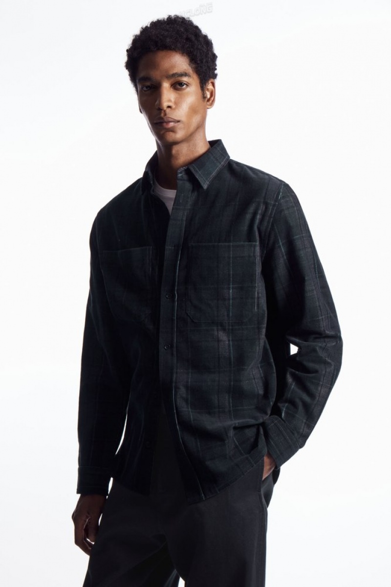 COS Checked Corduroy Shirt Men's Shirts Navy / Grey / Checked | JP05-G6HJ