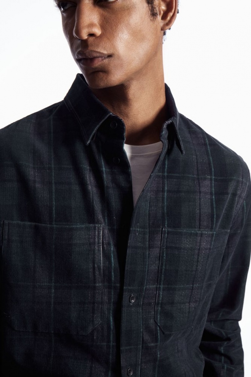 COS Checked Corduroy Shirt Men's Shirts Navy / Grey / Checked | JP05-G6HJ