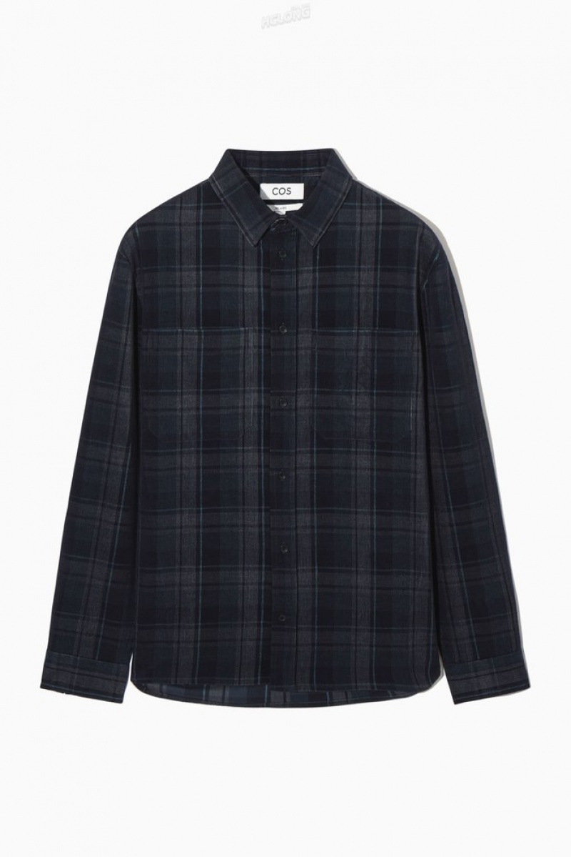 COS Checked Corduroy Shirt Men's Shirts Navy / Grey / Checked | JP05-G6HJ