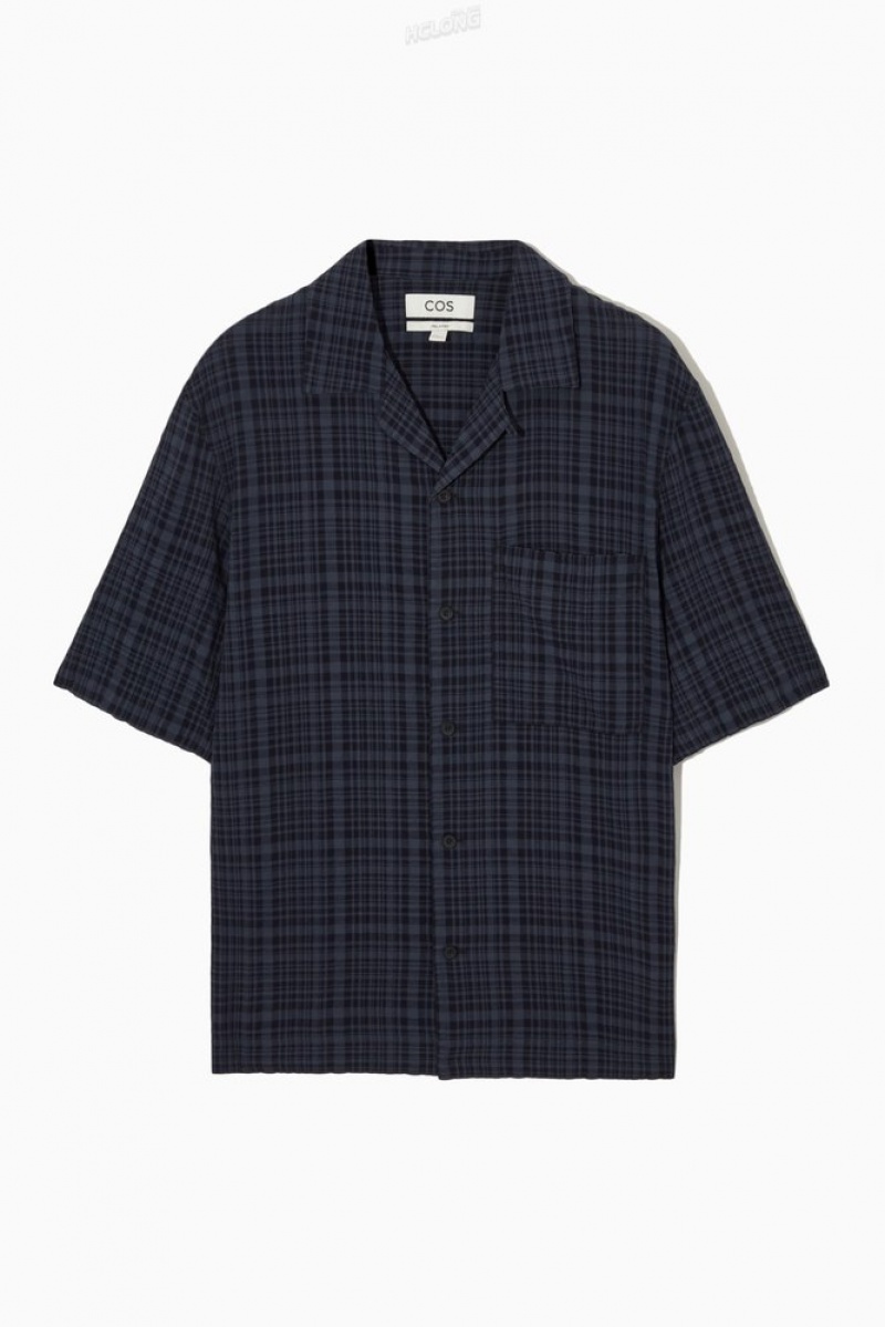 COS Checked Seersucker Camp-Collar Shirt Men's Shirts Navy / Checked | MY87-G8BK