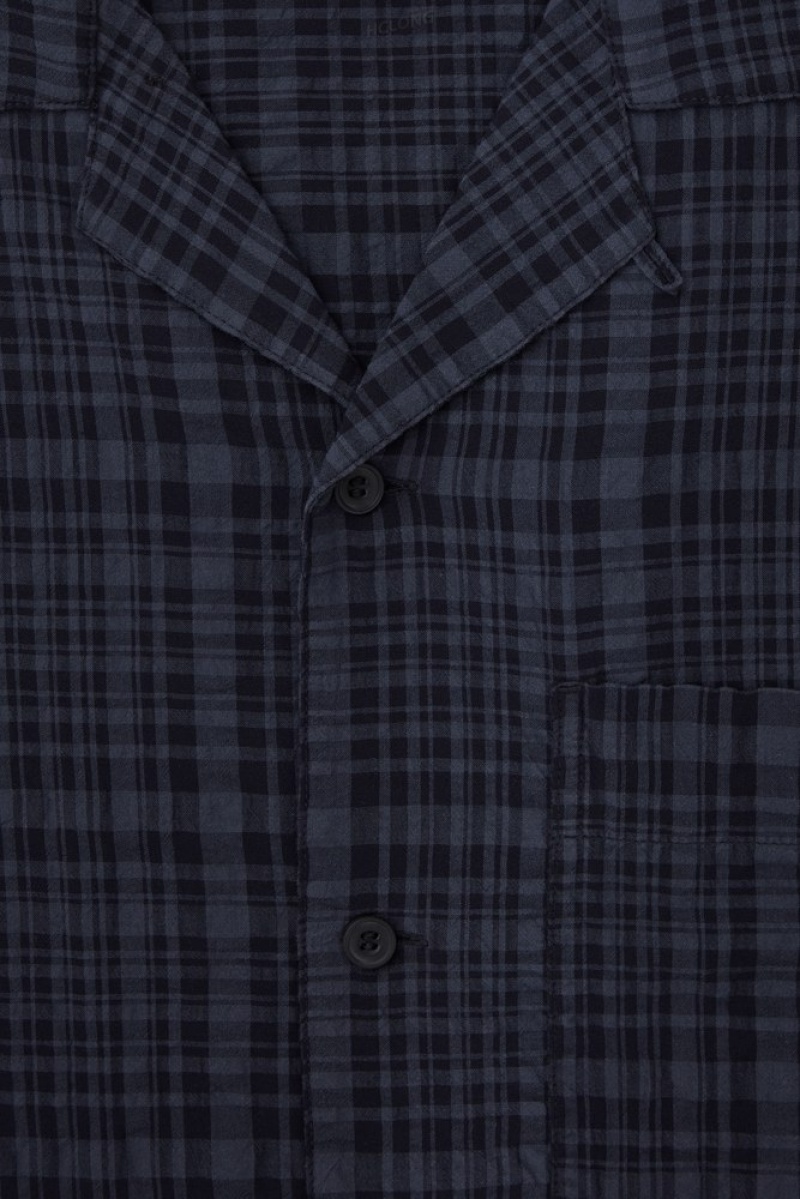 COS Checked Seersucker Camp-Collar Shirt Men's Shirts Navy / Checked | MY87-G8BK