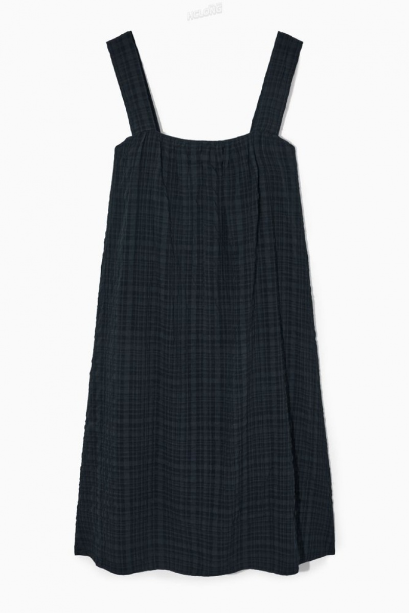 COS Checked Seersucker Mini Dress Women's Dresses Black / Checked | YG70-T3DW