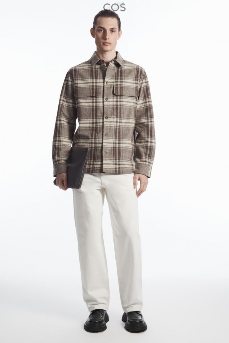 COS Checked Wool-Flannel Overshirt Men's Shirts Brown / Cream / Checked | DE30-X1GD