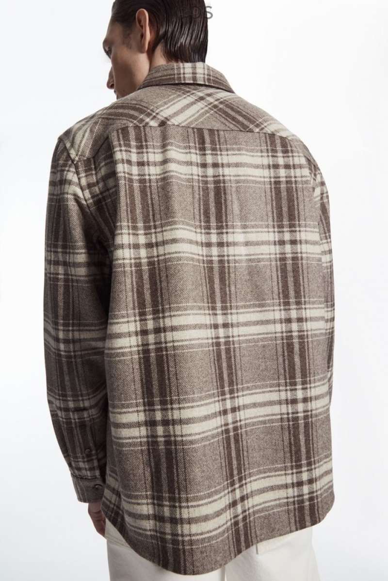 COS Checked Wool-Flannel Overshirt Men's Shirts Brown / Cream / Checked | DE30-X1GD