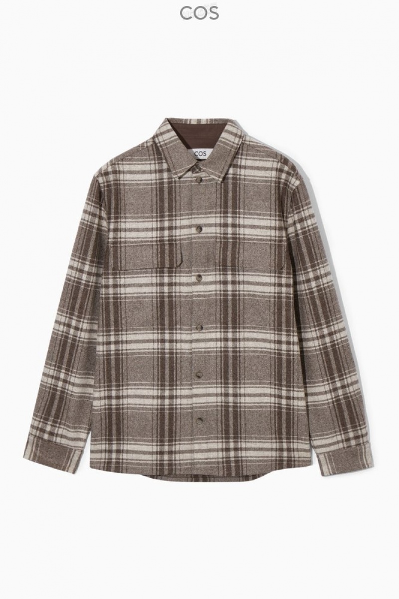 COS Checked Wool-Flannel Overshirt Men's Shirts Brown / Cream / Checked | DE30-X1GD