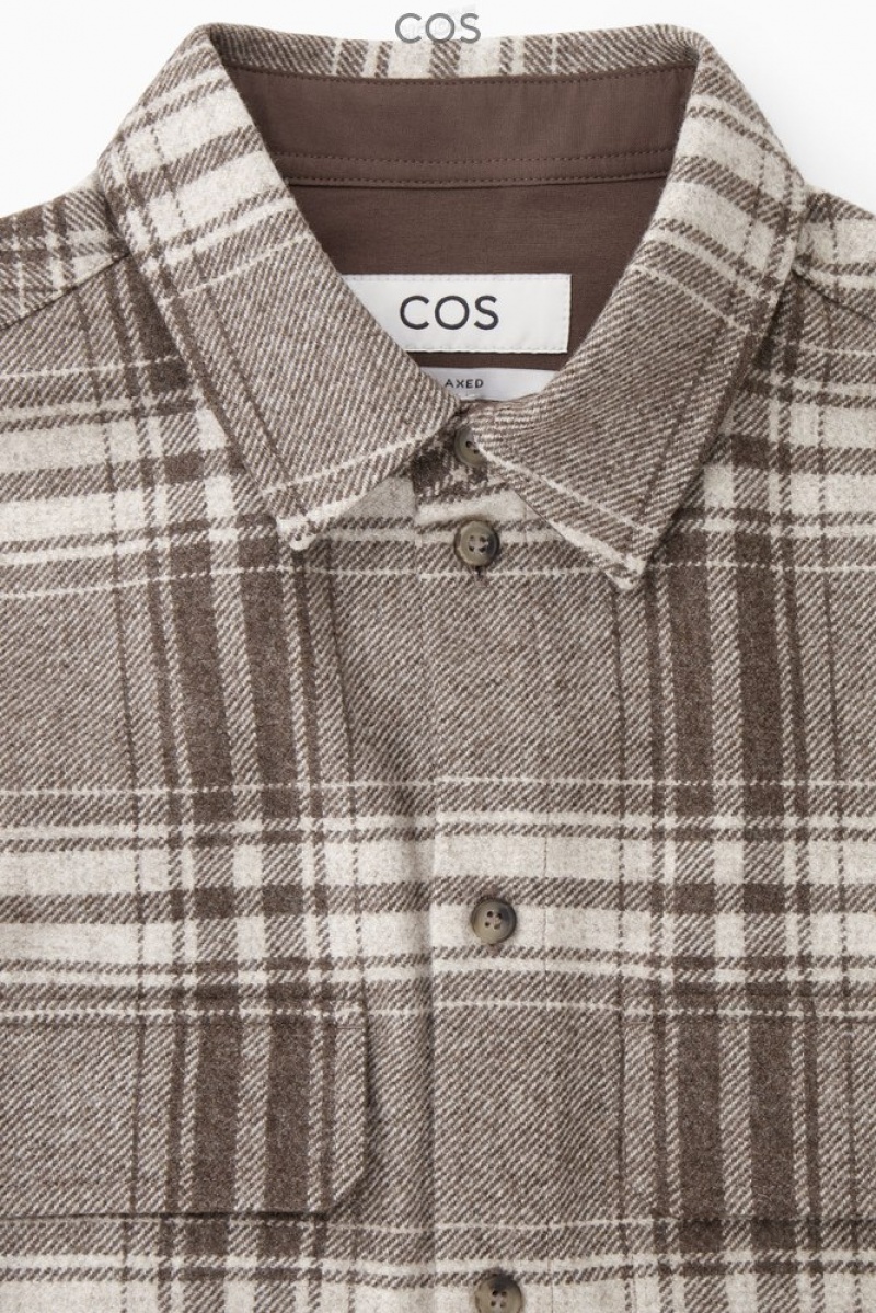 COS Checked Wool-Flannel Overshirt Men's Shirts Brown / Cream / Checked | DE30-X1GD