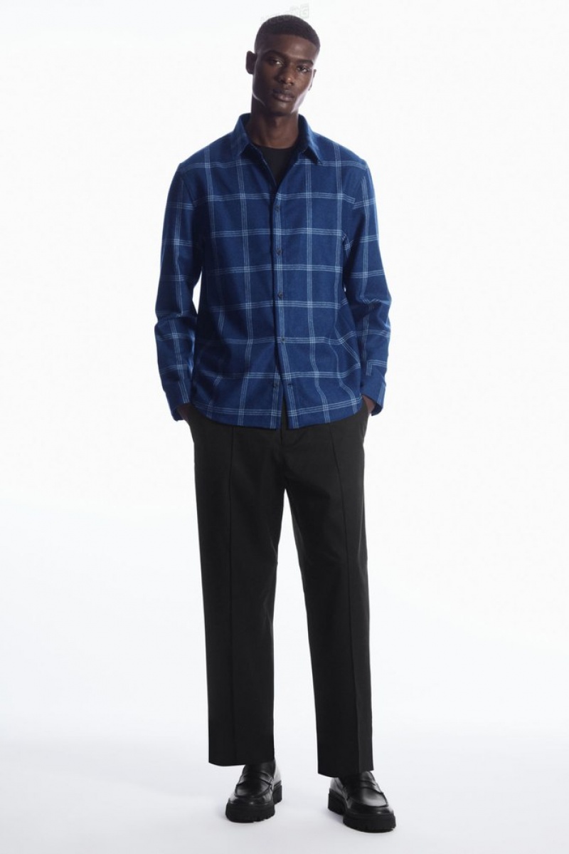 COS Checked Wool Shirt Men's Shirts Blue / Checked | KS14-I7MK