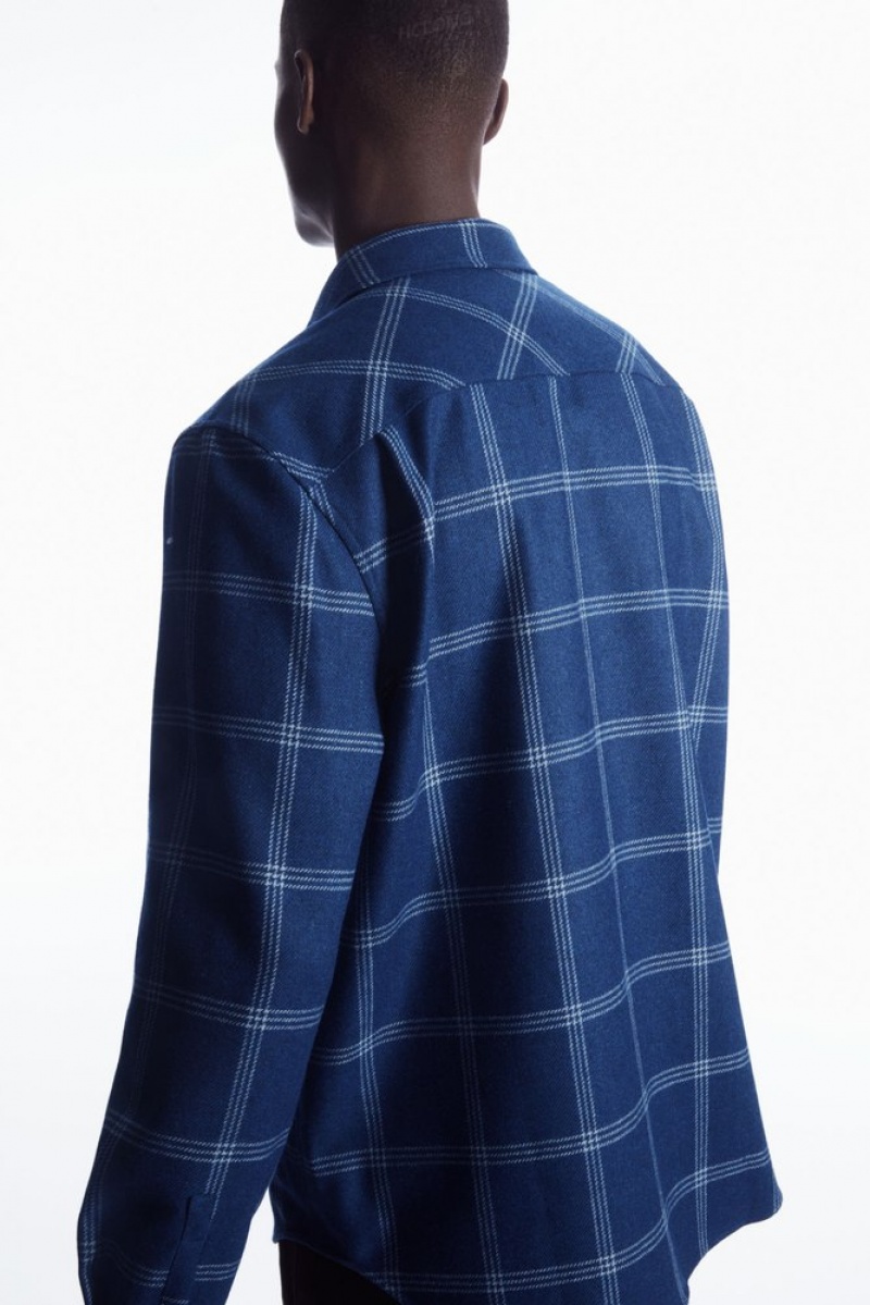 COS Checked Wool Shirt Men's Shirts Blue / Checked | KS14-I7MK