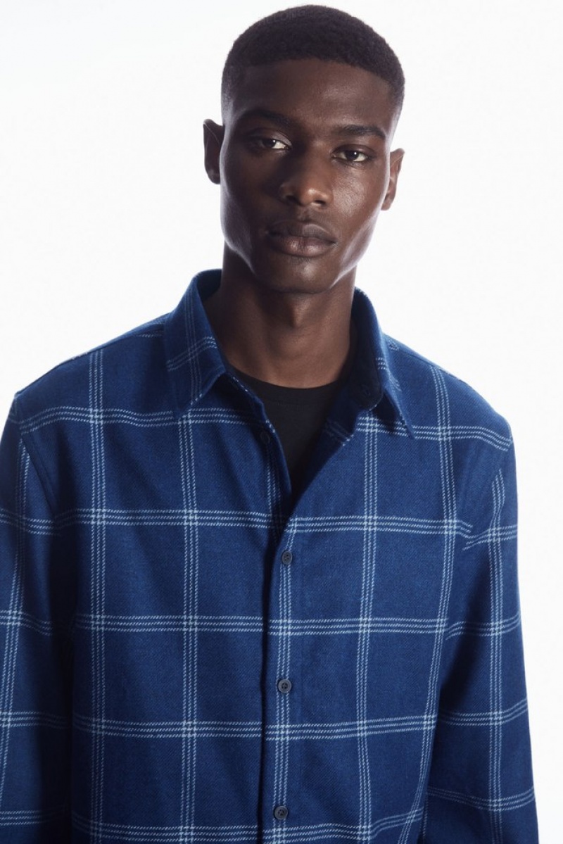 COS Checked Wool Shirt Men's Shirts Blue / Checked | KS14-I7MK