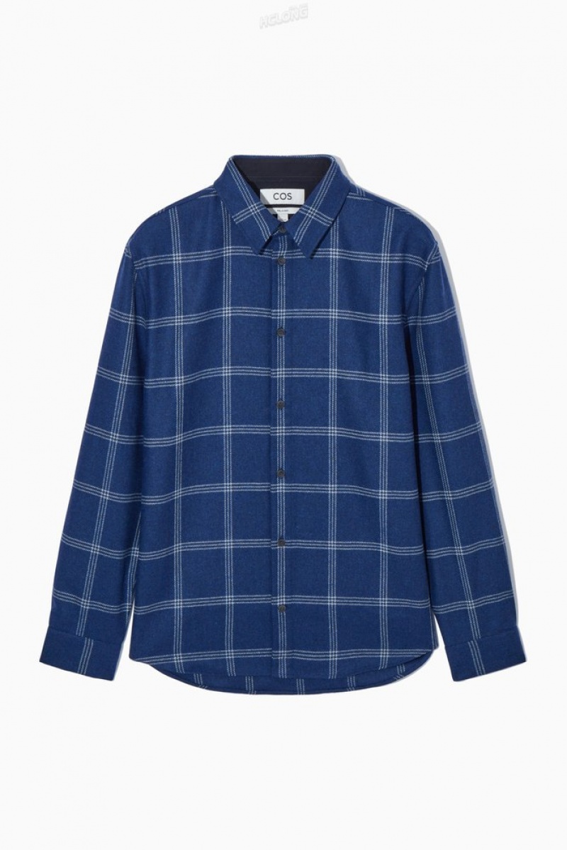 COS Checked Wool Shirt Men's Shirts Blue / Checked | KS14-I7MK