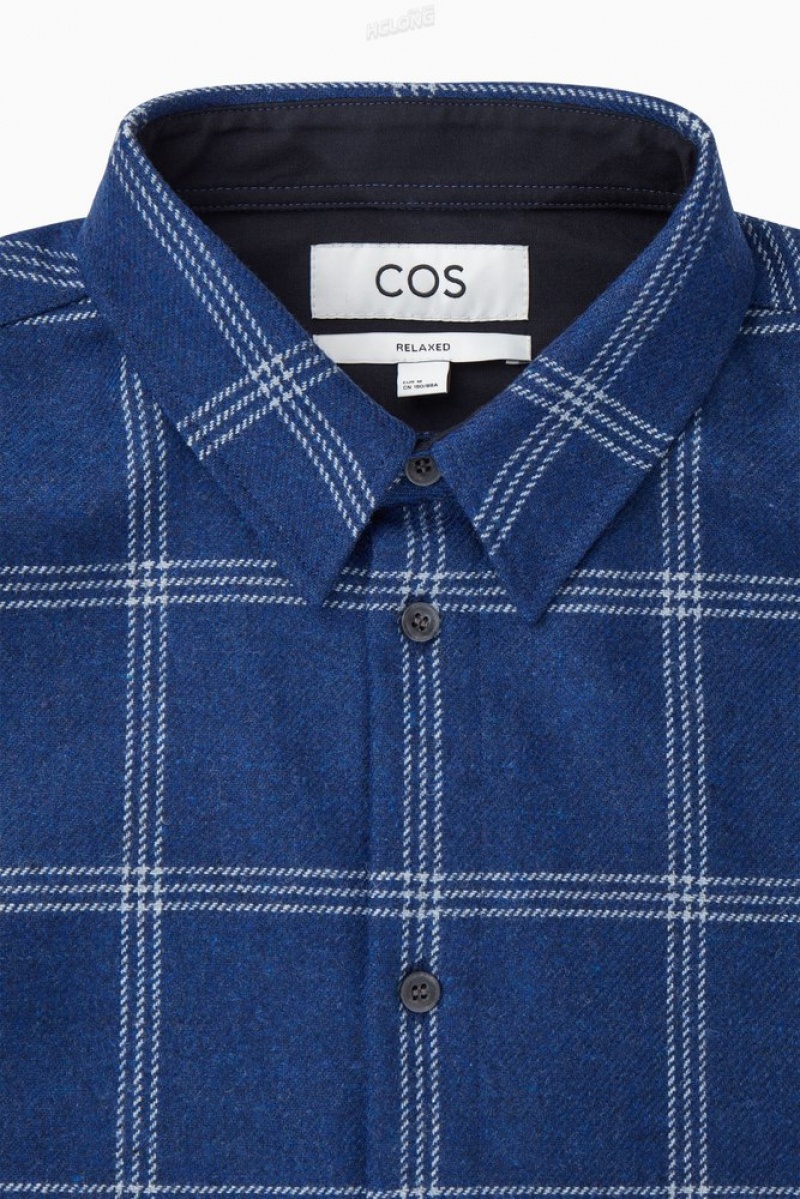 COS Checked Wool Shirt Men's Shirts Blue / Checked | KS14-I7MK