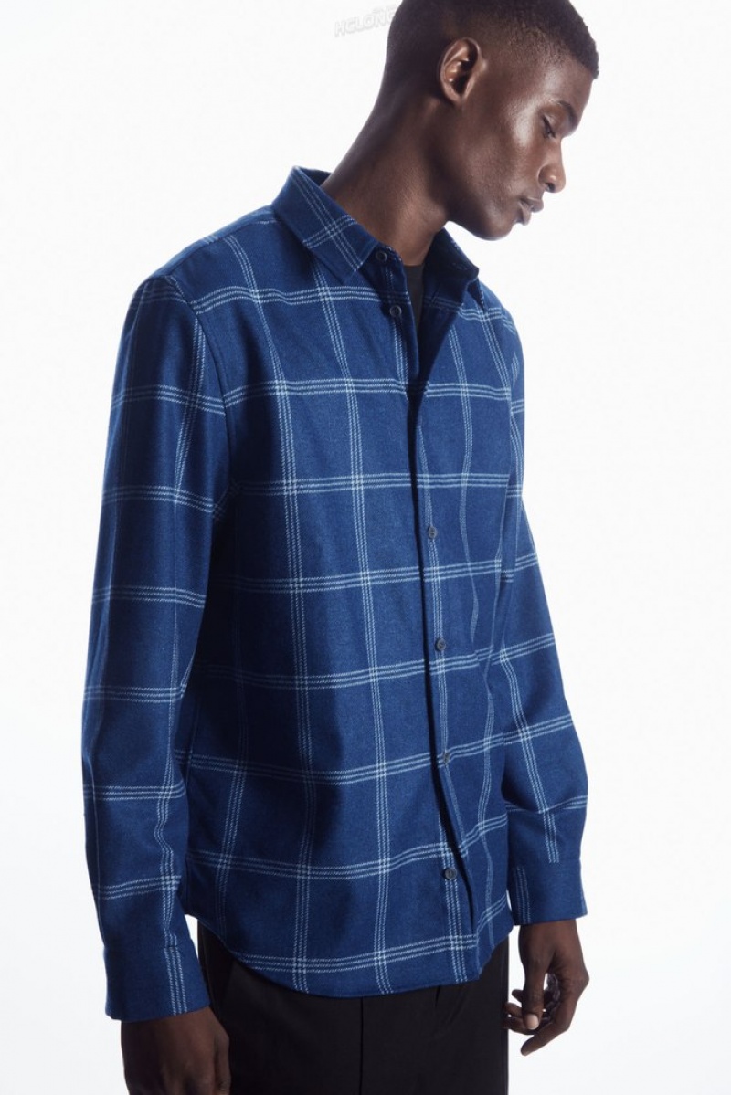 COS Checked Wool Shirt Men\'s Shirts Blue / Checked | KS14-I7MK