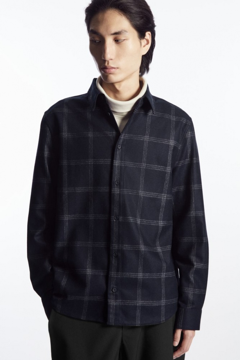 COS Checked Wool Shirt Men's Shirts Navy / Checked | PX93-V0HJ