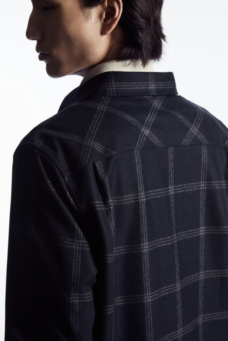 COS Checked Wool Shirt Men's Shirts Navy / Checked | PX93-V0HJ