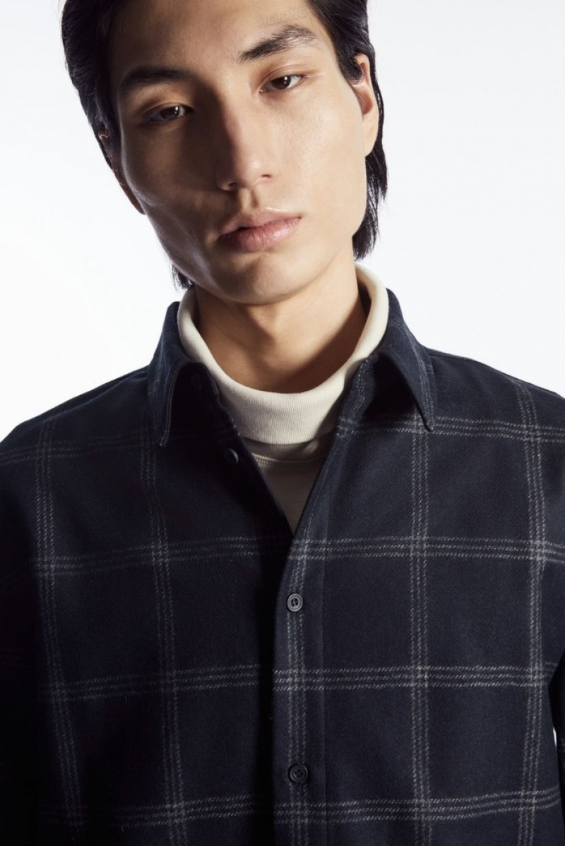 COS Checked Wool Shirt Men's Shirts Navy / Checked | PX93-V0HJ