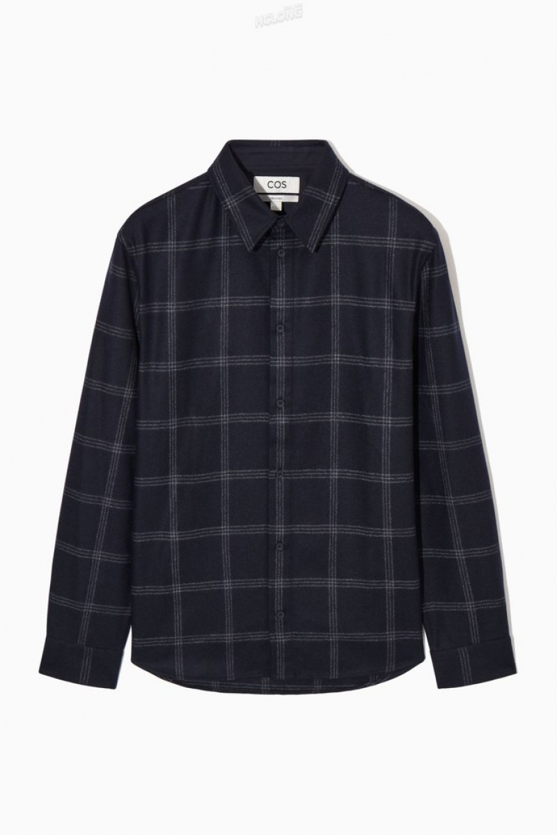 COS Checked Wool Shirt Men's Shirts Navy / Checked | PX93-V0HJ