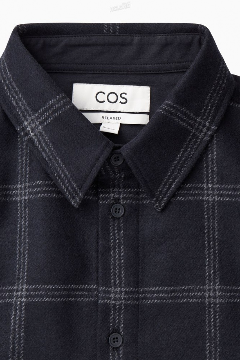 COS Checked Wool Shirt Men's Shirts Navy / Checked | PX93-V0HJ