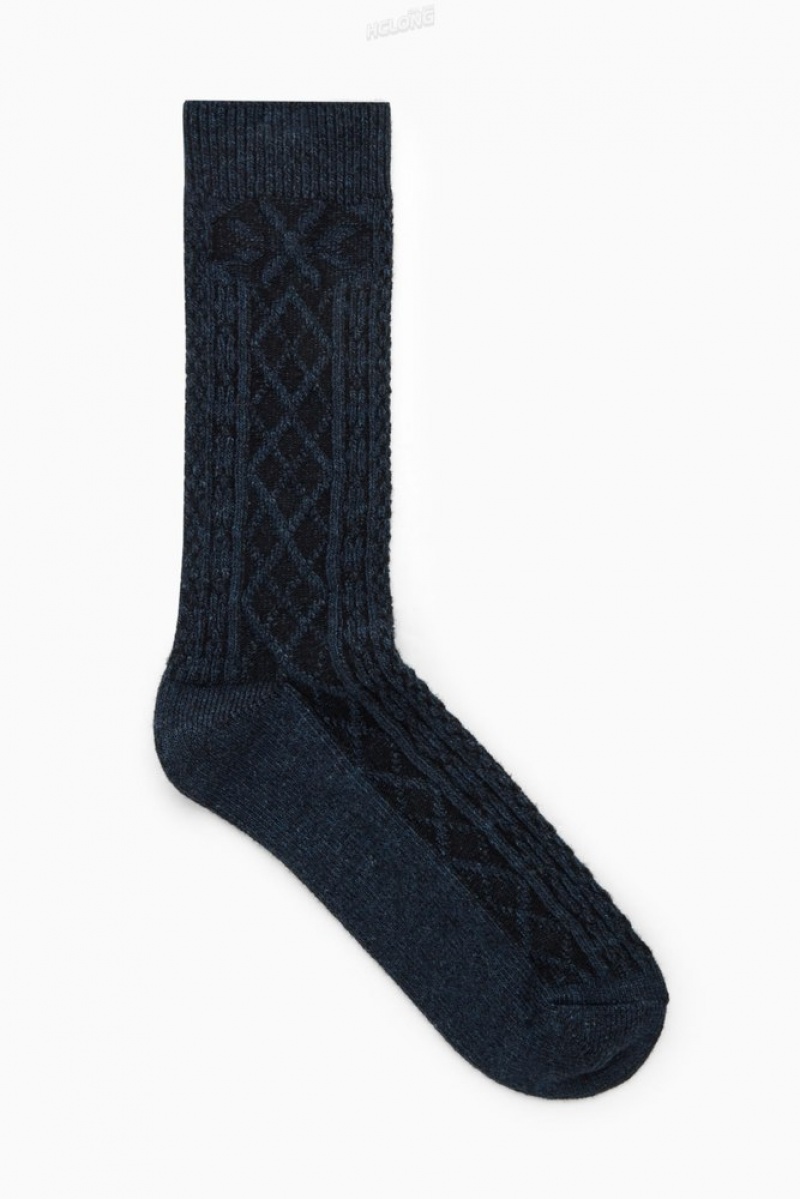 COS Chunky Argyle Cable-Knit Socks Men's Socks Navy | OI92-G4NC