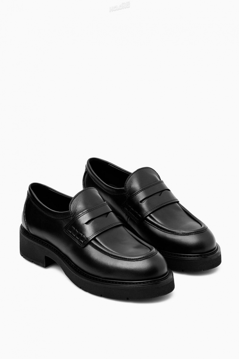 COS Chunky Leather Penny Loafers Women's Loafers Black | DB93-X1EY