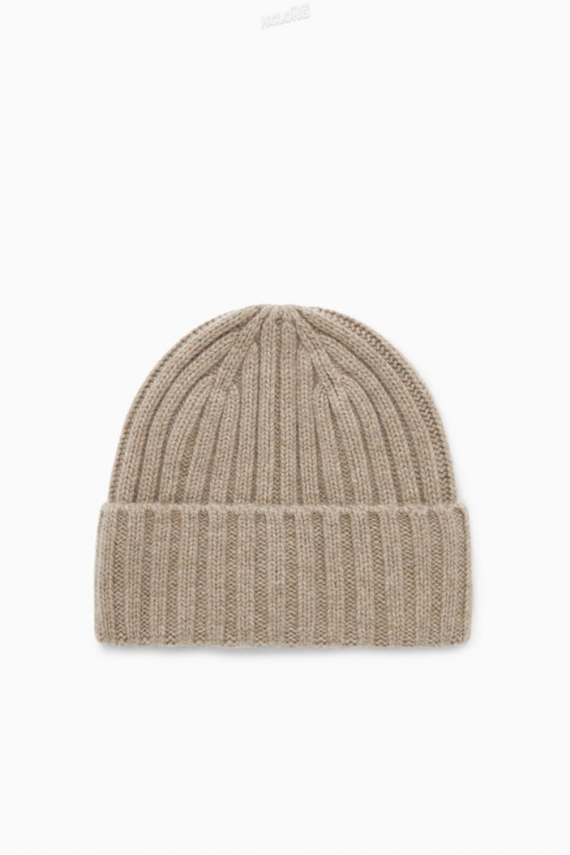 COS Chunky Pure Cashmere Beanie Women\'s Hats Beige | UX59-P8AW