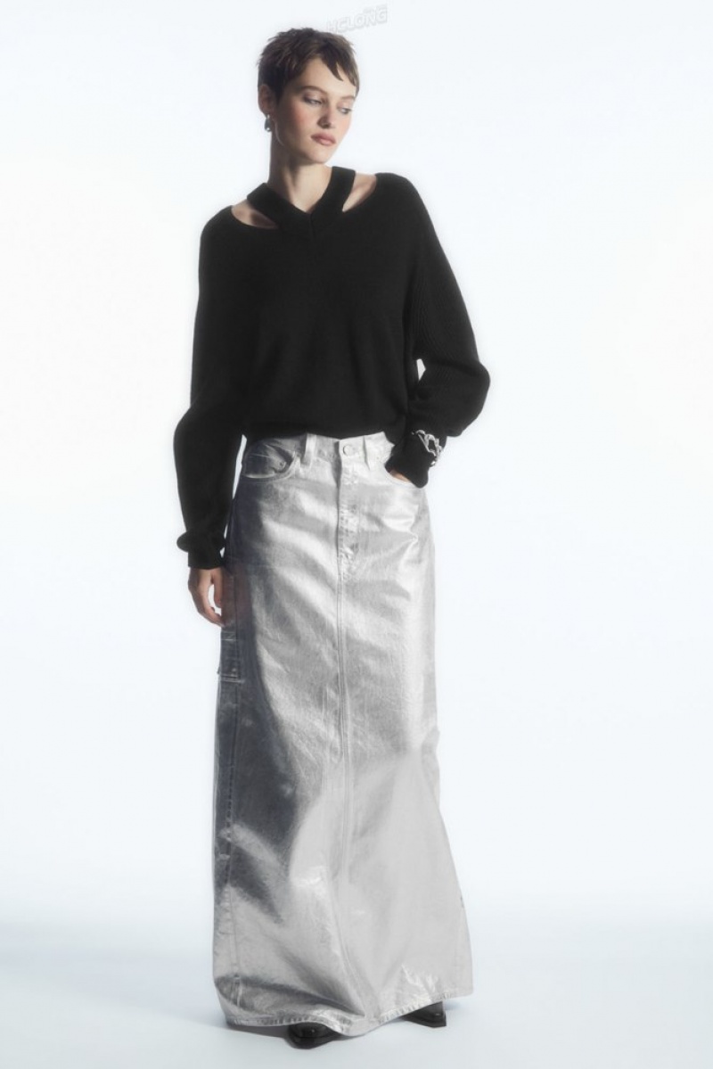 COS Coated-Denim Maxi Skirt Women's Skirts Silver | QP68-P9EH