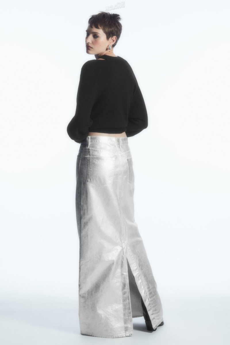 COS Coated-Denim Maxi Skirt Women's Skirts Silver | QP68-P9EH