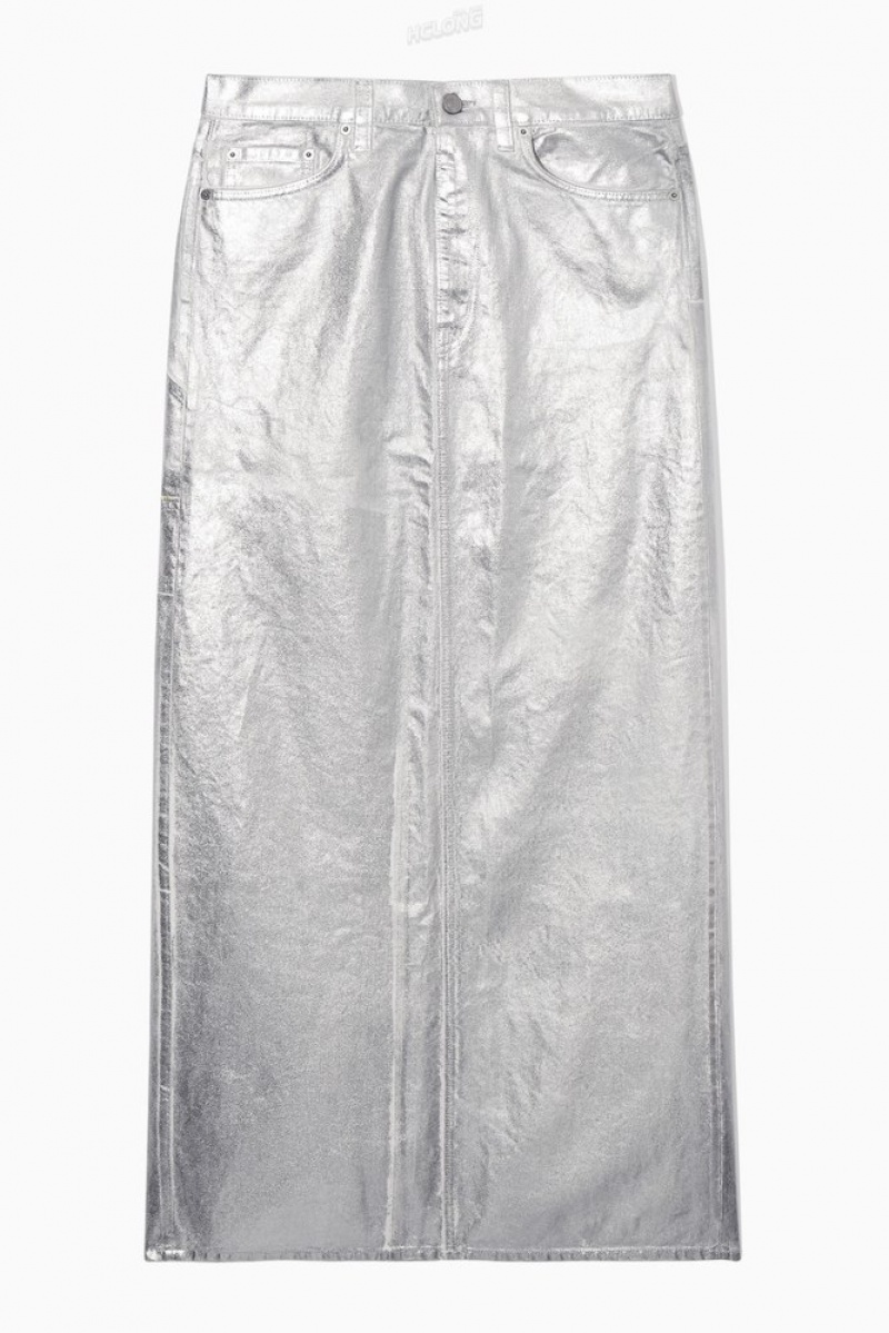 COS Coated-Denim Maxi Skirt Women's Skirts Silver | QP68-P9EH