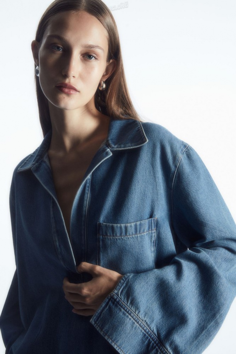 COS Collared V-Neck Denim Top Women's Shirts & Blouses Washed Blue | TJ37-H0XV