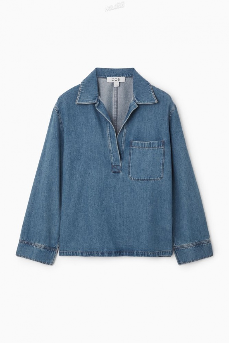 COS Collared V-Neck Denim Top Women's Shirts & Blouses Washed Blue | TJ37-H0XV