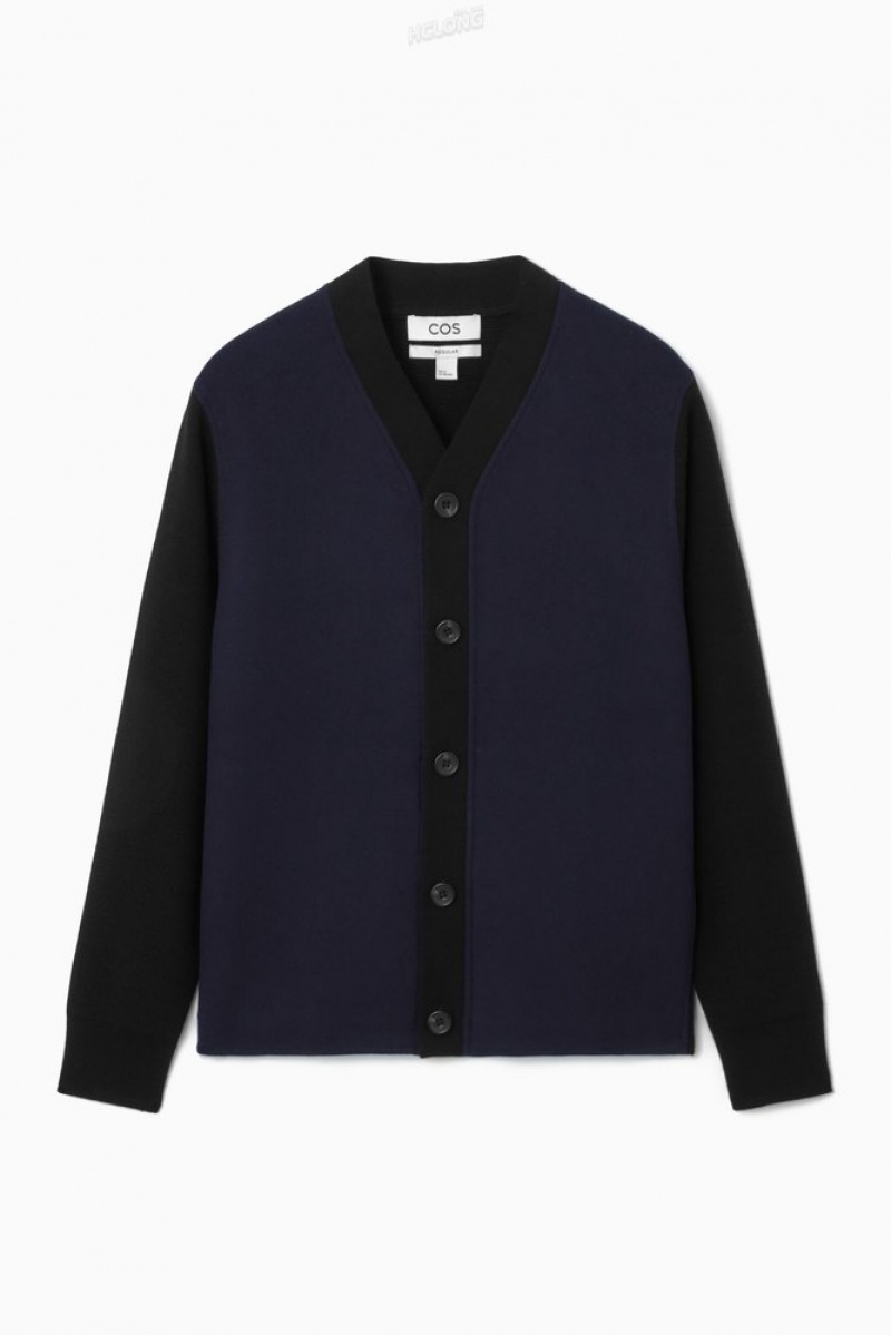 COS Color-Block Paneled Wool Cardigan Men's Sweaters & Cardigans Black / Navy | WS71-I3CH