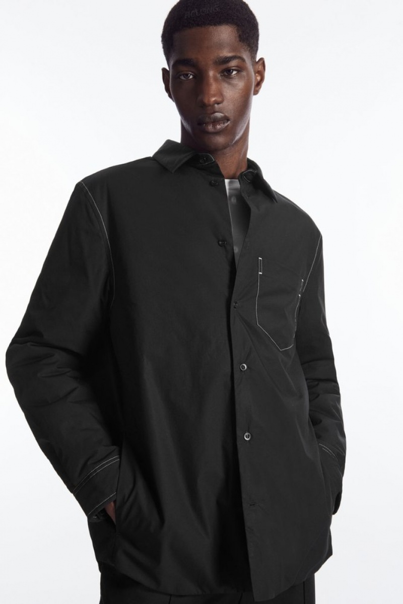 COS Contrast-Stitch Padded Overshirt Men's Shirts Black / White | YA98-H6NR