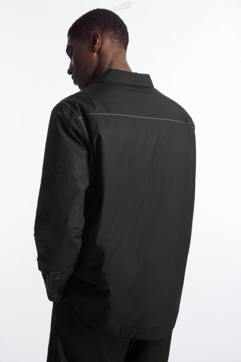 COS Contrast-Stitch Padded Overshirt Men's Shirts Black / White | YA98-H6NR