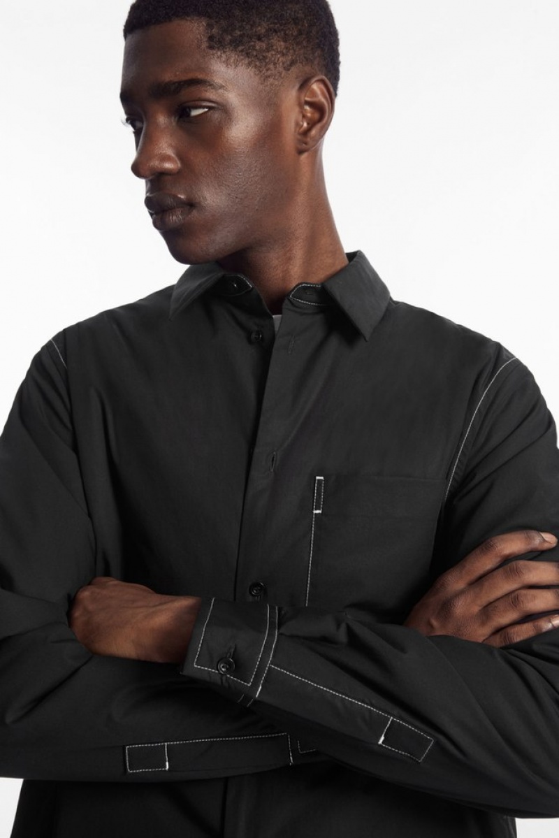 COS Contrast-Stitch Padded Overshirt Men's Shirts Black / White | YA98-H6NR