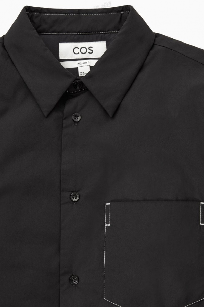 COS Contrast-Stitch Padded Overshirt Men's Shirts Black / White | YA98-H6NR