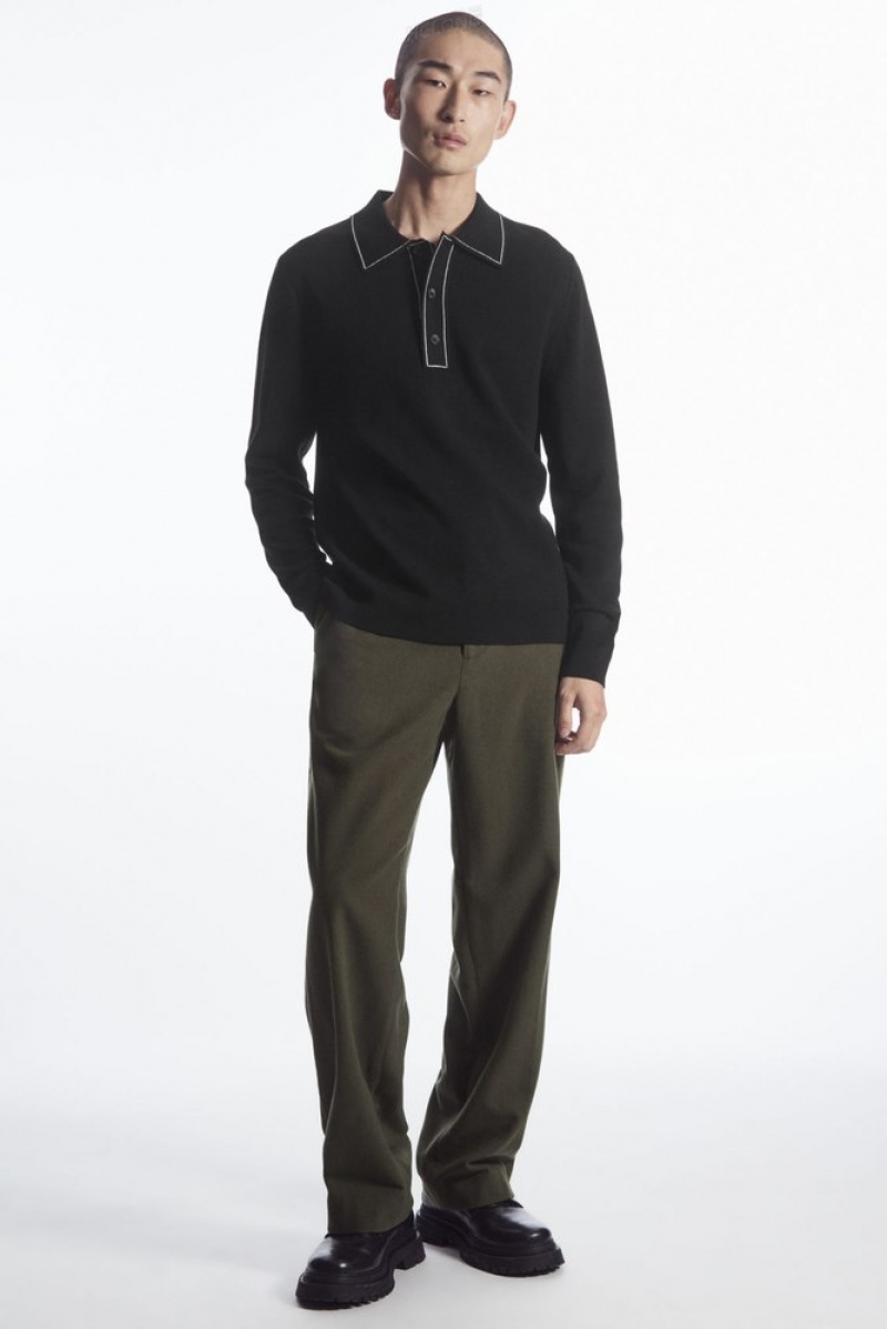 COS Contrast-Stitch Wool Polo Shirt Men's Knitwear Black / White | RD40-K7CC