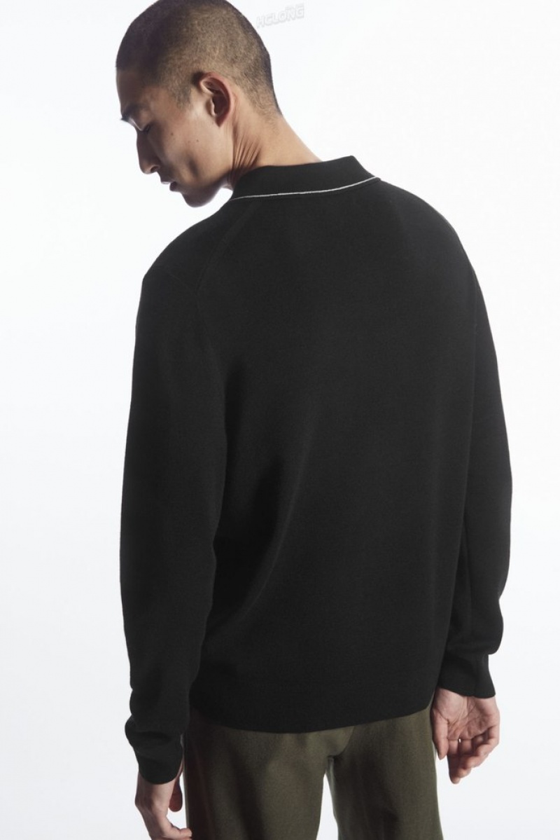 COS Contrast-Stitch Wool Polo Shirt Men's Knitwear Black / White | RD40-K7CC