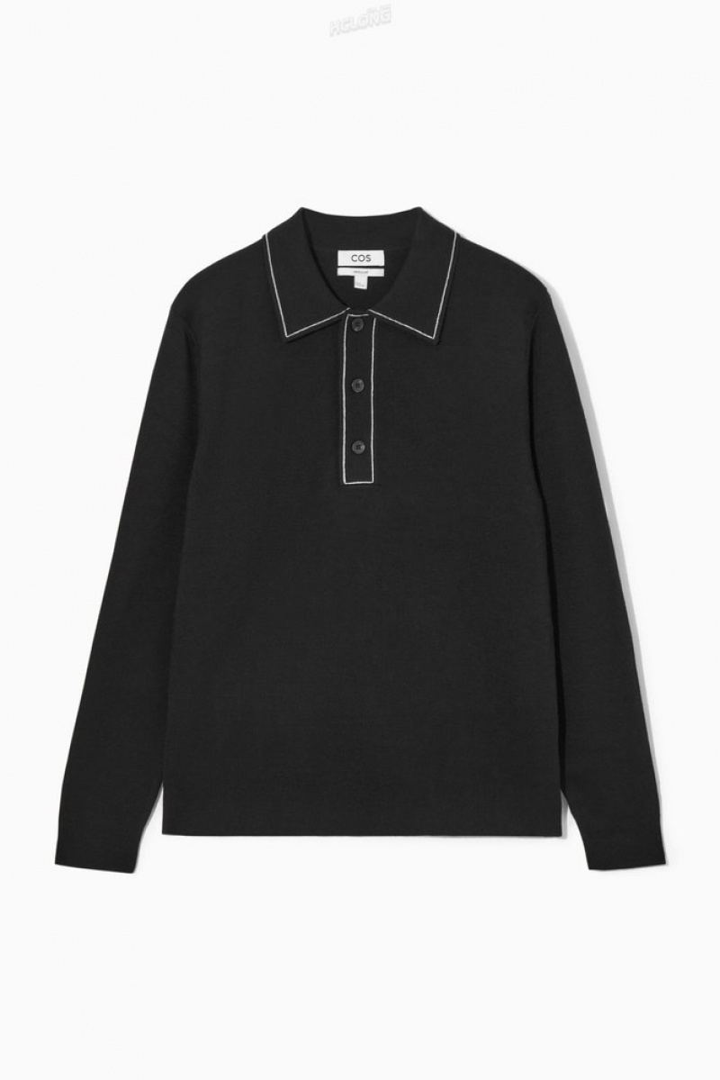 COS Contrast-Stitch Wool Polo Shirt Men's Knitwear Black / White | RD40-K7CC