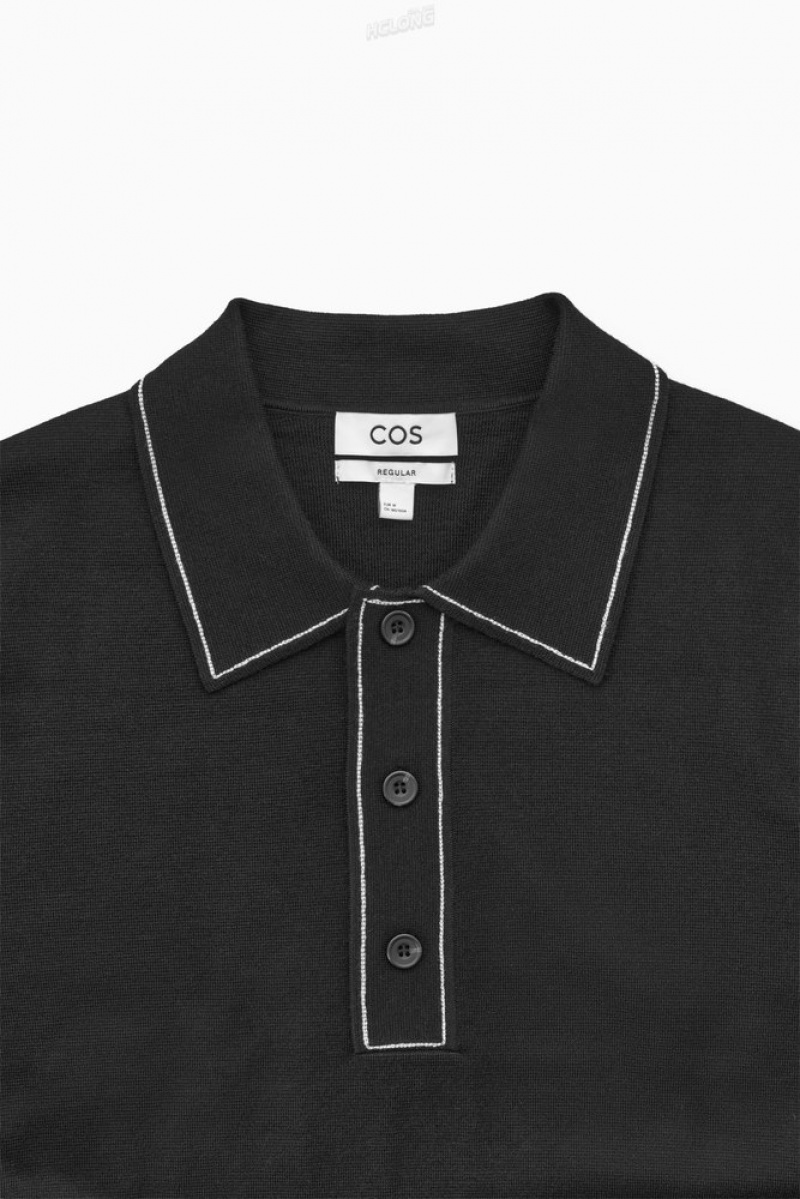 COS Contrast-Stitch Wool Polo Shirt Men's Knitwear Black / White | RD40-K7CC