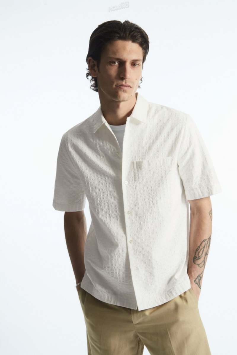 COS Crochet Short-Sleeve Shirt Men's Shirts White | LD75-F8PA