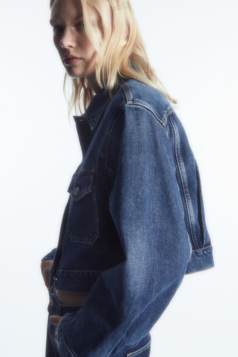 COS Cropped Denim Jacket Women's Coats & Jackets Blue | BQ09-Q7SU