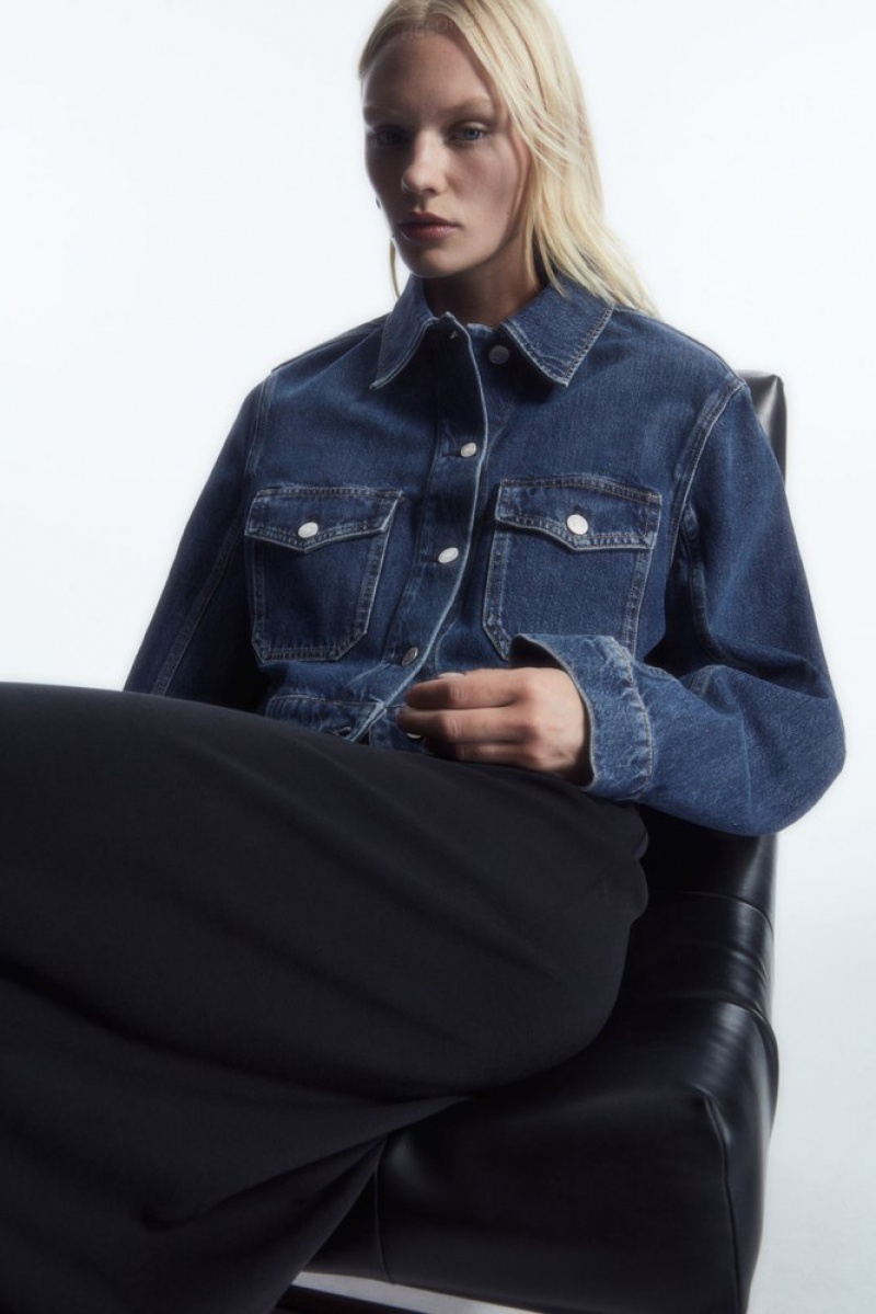 COS Cropped Denim Jacket Women's Coats & Jackets Blue | BQ09-Q7SU