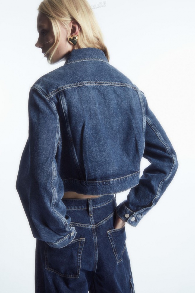 COS Cropped Denim Jacket Women's Coats & Jackets Blue | BQ09-Q7SU