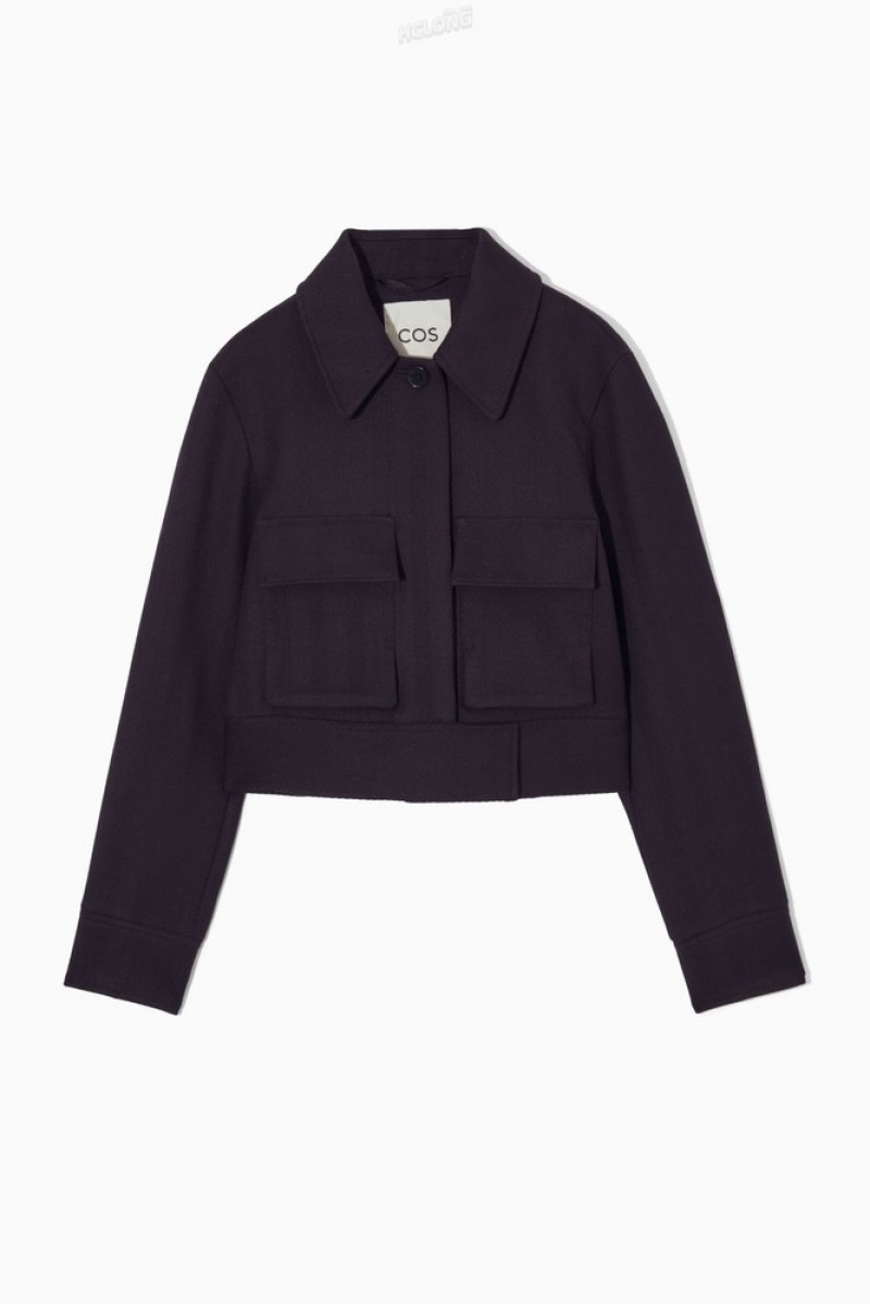 COS Cropped Herringbone Wool Utility Jacket Women's Coats & Jackets Navy | SN13-E8GW