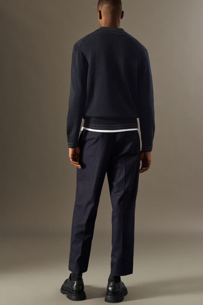 COS Cropped Pinstriped Wool Trousers - Straight Men's Suit Pants Navy / Pinstriped | FS17-G2GP