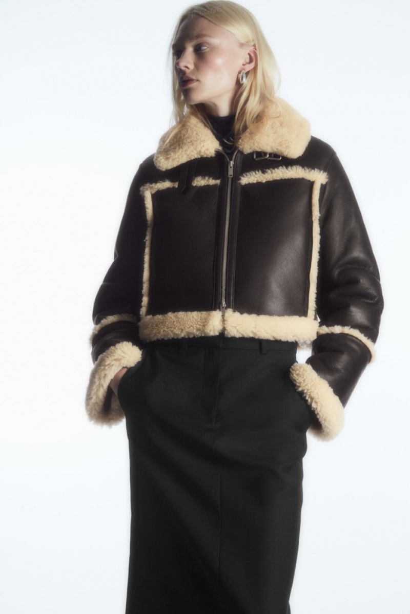 COS Cropped Shearling Jacket Women's Coats & Jackets Dark Brown / Cream | GM25-T2XK